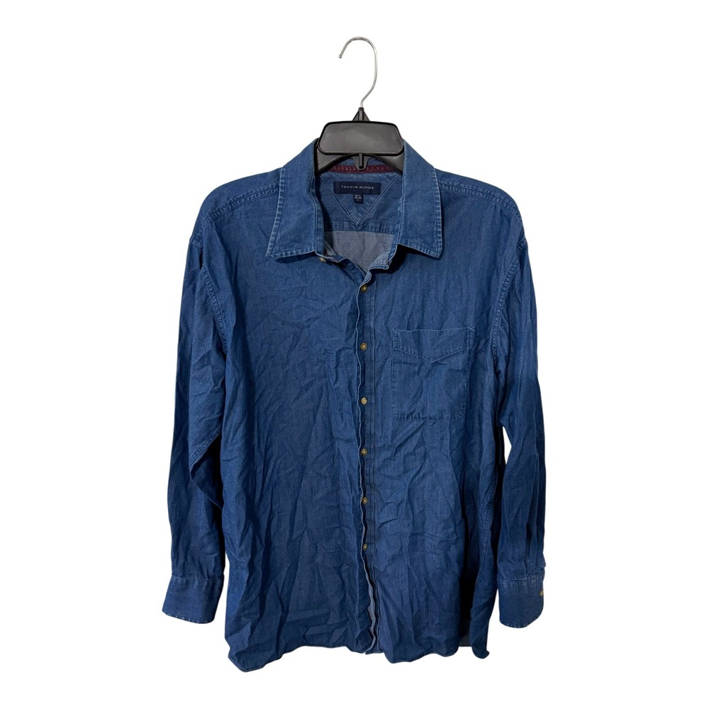Tommy Hilfiger Mens Blue Denim Button Down Shirt Long Sleeve Cotton Size L 16.5